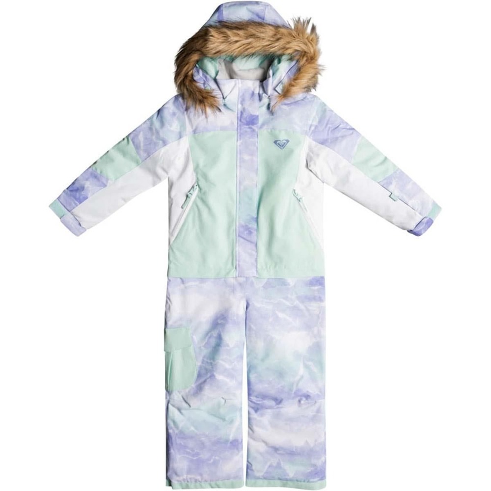 Roxy Paradise Snow Suit Girl T2 Mint Purple Mountain Print Faux Fur Jumpsuit 10K